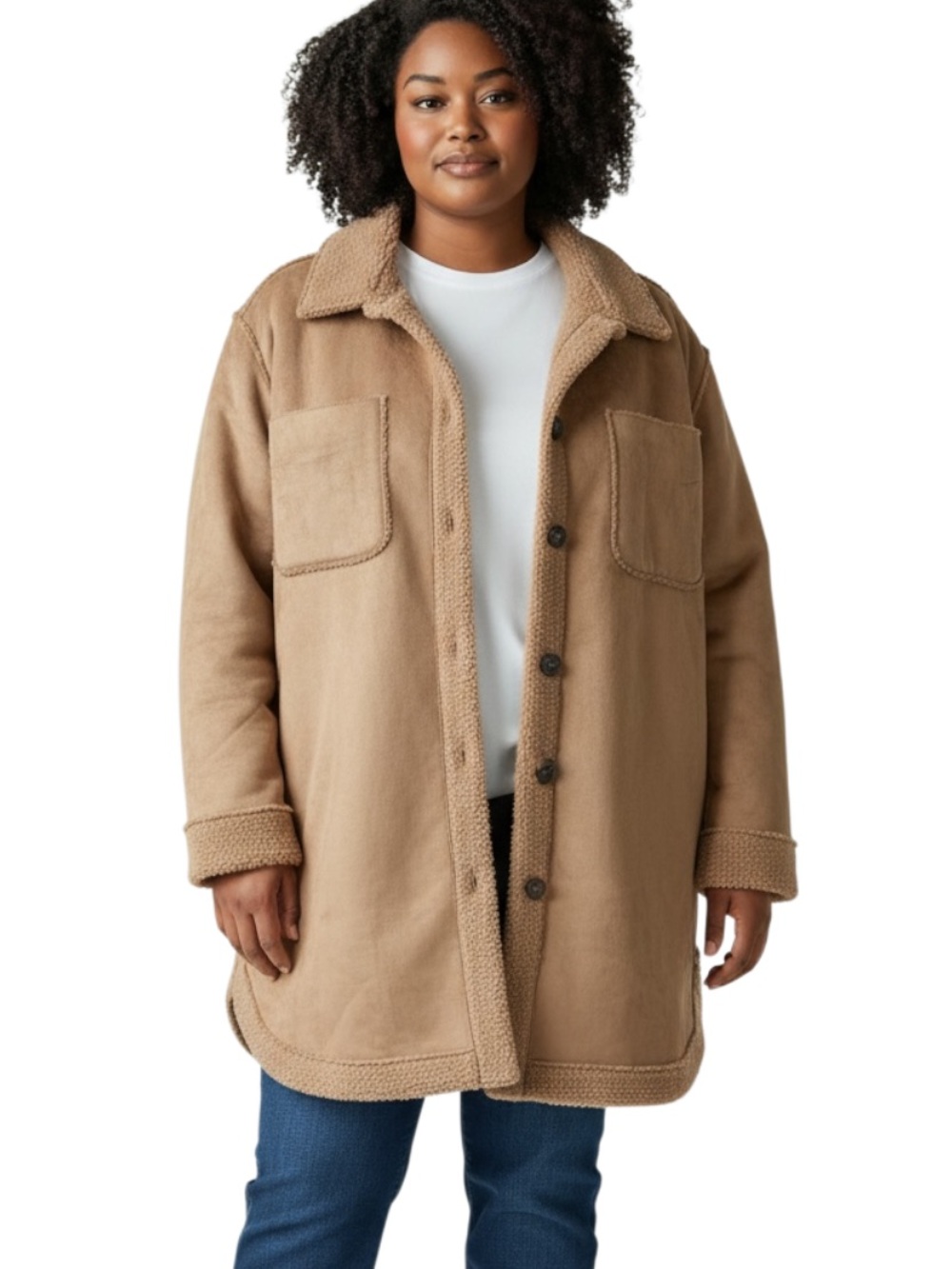 Maurices Camel Teddy-Trim Long Shacket